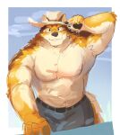  abs anthro barrel_(live-a-hero) bottomwear canid canine canis clothing david_rrigel hat headgear headwear hi_res lifewonders live-a-hero male mammal muscular muscular_anthro muscular_male pawpads pecs shorts solo straw_hat video_games wolf 