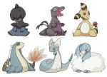  altaria ampharos beads button_eyes buttons character_doll commentary_request deino_(pokemon) doll dragonair highres milotic no_humans oimo_kenpi pokemon salazzle simple_background still_life stitches white_background 