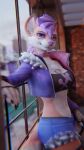  3d_(artwork) 9:16 anthro blender_(software) blender_cycles bottomwear breasts clothed clothing collar colorful crop_top digital_media_(artwork) eyeshadow female fishnet hair hi_res hyaenid itsjag looking_at_viewer makeup mammal neutral_expression piercing pink_eyes punk purple_eyeshadow purple_hair purple_nose resting_arm shirt shorts solo topwear urban 
