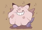  blush brown_background clefable clefable_(cosplay) closed_eyes commentary_request cosplay full_body gengar grin highres leg_up musical_note no_humans oimo_kenpi pokemon pokemon_(creature) simple_background smile solo standing standing_on_one_leg teeth 