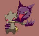  banette commentary_request crack eye_contact fang haunter heart highres looking_at_another no_humans oimo_kenpi open_mouth pokemon pokemon_(creature) red_eyes skin_fang teeth tongue tongue_out zipper_pull_tab 