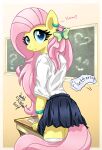  anthro bottomwear butterfly_(accessory) chalkboard clothing desk dialogue ear_piercing ear_ring english_text equid equine female fluttershy_(mlp) friendship_is_magic furniture hasbro hi_res joakaha looking_back mammal my_little_pony pegasus piercing question_mark ring_piercing school_uniform skirt solo table text uniform wings 