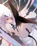  1girl ahoge body_markings breasts fairy_knight_lancelot_(fate) fairy_knight_lancelot_(third_ascension)_(fate) fate/grand_order fate_(series) highres long_hair looking_at_viewer parted_lips polearm revealing_clothes small_breasts solo ura_illust weapon white_hair yellow_eyes 