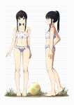  1girl absurdres alternate_hairstyle ball bangs barefoot beachball bikini black_hair breasts cleavage closed_mouth collarbone commentary_request floral_print frilled_bikini frills from_side grass green_scrunchie hair_ornament hair_scrunchie highres inoue_takina long_hair looking_at_viewer lycoris_recoil multiple_views navel ponytail print_bikini purple_eyes scrunchie sidelocks simple_background small_breasts standing swimsuit tbear white_background white_bikini 