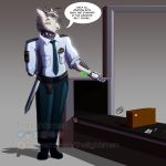  1:1 anthro canid canine canis clothing cybernetic_arm cybernetic_eye cybernetic_limb cybernetics cyborg dialogue digital_media_(artwork) english_text hair hands_behind_back hi_res machine male mammal melee_weapon muscular muscular_male necktie officer police_uniform scanner security_guard solo speech_bubble standing sword text thelightsmen tired_eyes uniform weapon wolf 