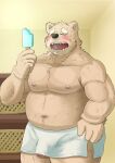  balls belly big_belly blush detailed_background eyes_closed flaccid food genitals hi_res humanoid_genitalia humanoid_hands humanoid_penis male mammal moobs navel nipples o_hashi2020 overweight overweight_male penis popsicle towel ursid 