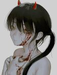  1girl absurdres bangs bare_shoulders black_hair blood blood_on_face blood_on_hands closed_mouth demon_horns hand_on_own_chest highres horns long_hair looking_at_viewer nia_(x_x02) nude original ponytail red_horns simple_background solo white_background yellow_eyes 