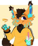  absurd_res anthro artist_name beverage black_clothing black_topwear blue_eyes blue_inner_ear blue_inner_ear_fluff blue_nose blue_pawpads blue_stripes brown_hair cheek_tuft claws closed_smile clothed clothing ear_tuft facial_tuft felid feline female fur glistening glistening_eyes hair half-length_portrait hi_res holding_beverage holding_object inner_ear_fluff lynx mammal mouth_closed multicolored_clothing multicolored_topwear orange_body orange_fur pawpads pilotplebs portrait short_hair simple_background solo striped_body striped_fur stripes topwear tuft whiskers white_claws white_clothing white_topwear yellow_clothing yellow_topwear 