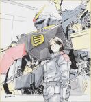  1girl 2boys black_headwear breasts brown_hair emma_sheen from_side green_eyes gundam gundam_mk_ii hair_behind_ear hangar helmet highres looking_at_viewer mecha medium_breasts multiple_boys open_hatch pilot_suit robot shikishi short_hair titans_(gundam) toweling3 traditional_media v-fin zeta_gundam 