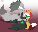  &lt;3 absurd_res anthro black_body black_fur black_tipped_ears braixen breast_play breasts butt delphox duo female flare_the_delphox fur generation_6_pokemon green_eyes green_markings grey_body grey_fur hi_res male male/female markings miro_the_braixen nintendo pleased_expression pokemon pokemon_(species) red_eyes sarox video_games white_body white_fur white_tipped_tail yellow_body yellow_fur 