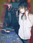  1girl black_hair black_pants blonde_hair brown_eyes cowboy_shot dj earrings guitar_case headphones highres instrument_case jewelry long_hair long_sleeves looking_at_viewer multicolored_hair original pants shadow shirt smile solo speaker streaked_hair turntable utsuwa0120 white_shirt 