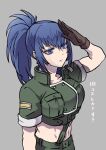  1girl black_gloves blue_eyes blue_hair breasts closed_mouth gloves grey_background leona_heidern long_hair military military_uniform miwayama navel ponytail salute short_sleeves simple_background solo tank_top the_king_of_fighters translation_request uniform upper_body 