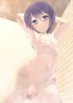  1girl armpits arms_behind_head arms_up blue_hair blush breasts censored commission from_below hidamari_sketch highres kuuron looking_at_viewer mosaic_censoring nipples pussy sae_(hidamari_sketch) short_hair showering skeb_commission small_breasts smile solo tile_wall tiles underboob water wet 