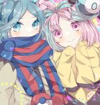  1boy 1girl bow-shaped_hair character_hair_ornament grusha_(pokemon) hair_ornament hexagon_print highres iono_(pokemon) jacket multicolored_hair oversized_clothes poke_ball_print pokemon pokemon_(game) pokemon_sv scarf scarf_over_mouth sleeves_past_fingers sleeves_past_wrists split-color_hair to_camellia two-tone_scarf very_long_sleeves yellow_jacket 