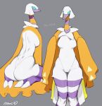  2022 anthro bebebebebe biped blue_eyes breasts claws digital_media_(artwork) espathra female generation_9_pokemon grey_background hair hi_res kneeling looking_at_viewer nintendo pokemon pokemon_(species) pseudo_clothing simple_background solo striped_legs toe_claws video_games white_hair wide_hips 