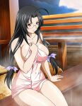  1girl ahoge bare_arms bare_legs black_hair breasts brown_eyes closed_mouth cloud collarbone covered_navel glasses hair_intakes hair_ribbon ikkitousen kaku_bunwa large_breasts long_hair low_twintails moon naked_towel night onsen outdoors purple_ribbon ribbon rimless_eyewear shiny shiny_hair shiny_skin sitting smile solo steam towel twintails very_long_hair 