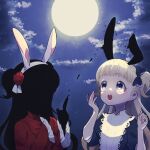  2girls animal_ears apron bangs blonde_hair blue_bow blue_dress blunt_bangs bow dress emilico_(shadows_house) flower hair_bow hair_flower hair_ornament kate_(shadows_house) long_hair long_sleeves looking_up moon multiple_girls night night_sky nikomi_(nikomix) open_mouth outdoors purple_eyes rabbit_ears red_dress shadow_(shadows_house) shadows_house sky surprised two_side_up upper_body white_apron 