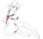  1girl ass bdsm bikini bikini_bottom_pull blush bondage bound breasts closed_mouth covered_nipples feet large_breasts looking_at_viewer looking_back micro_bikini mizuhashi_parsee ootsuki_wataru partially_colored pointy_ears short_hair side-tie_bikini_bottom simple_background sketch soles solo swimsuit touhou 