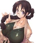  1girl amania_orz bangs black_hair blush braid braided_ponytail breasts cleavage copyright_request dated glasses highres holding holding_hair huge_breasts long_hair looking_at_viewer purple_eyes round_eyewear shadow simple_background smile solo twitter_username upper_body white_background 