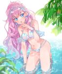  1girl bare_legs bikini blue_bikini blue_eyes blurry blurry_foreground bracelet breasts cleavage collarbone earrings groin hibarisann highres jewelry laura_la_mer leaning_to_the_side long_hair looking_at_viewer medium_breasts navel parted_lips pink_hair precure shell shell_earrings shiny shiny_hair solo starfish_hair_ornament swimsuit tropical-rouge!_precure very_long_hair 