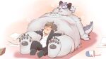  16:9 anthro behemoth_(housamo) belly big_belly brown_hair duo fluffy fur hair horn human lifewonders male male/male mammal monster overweight pawpads protagonist_(tas) rorondo4 tokyo_afterschool_summoners twink_protagonist_(tas) video_games white_body white_fur widescreen 