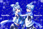  1boy 1girl alternate_hair_color belt blue_hair detached_sleeves gloves happy kagamine_len kagamine_rin looking_at_viewer mittens shorts siblings skirt sky-sky smile snowing twins vocaloid white_hair winter winter_clothes 