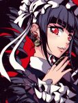  1girl artist_name bangs black_hair black_thighhighs blunt_bangs blush bonnet card celestia_ludenberg claw_ring criis-chan danganronpa:_trigger_happy_havoc danganronpa_(series) drill_hair ear_piercing earrings frills from_side gothic_lolita hand_up jewelry lolita_fashion long_hair long_sleeves looking_at_viewer nail_polish necktie parted_lips piercing red_background red_eyes revision smile solo teeth thighhighs twin_drills twintails upper_body 
