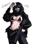  1girl abs bangs black_bra black_jacket black_panties black_pants bra breasts call_of_duty:_modern_warfare_2 cowboy_shot genderswap genderswap_(mtf) ghost_(modern_warfare_2) gloves gun headphones highleg highleg_panties highres holding holding_gun holding_mask holding_weapon jacket large_breasts long_sleeves mask mask_removed medium_hair mouth_mask navel panties pants shiny shiny_skin simple_background solo stomach teeth_print tina_fate underwear weapon white_background 