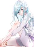  1girl bandaid bandaid_on_foot bangs barefoot blue_eyes blue_hair closed_mouth dress from_side hair_between_eyes highres hinomori_shizuku legs long_hair long_sleeves mairu003 project_sekai shiny shiny_hair short_dress simple_background solo straight_hair white_background white_dress 