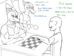  anon_(snoot_game) anthro bald chess chess_board dialogue dinosaur english_text fang_(gvh) featureless_face female furniture goodbye_volcano_high group humor long_snout makeup male markings monochrome pterodactylus pterosaur reptile ripley_(snoot_game) scalie sketch snoot_game_(fan_game) snout table text trio unknown_artist wings 