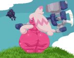  2022 anthro avian big_butt bird butt corviknight day female generation_8_pokemon grass hair hammer hand_on_hip hi_res large_weapon long_hair looking_at_viewer male nintendo outside pink_body pink_hair pink_skin plant pokemon pokemon_(species) short_stack sky smile spinneborg thick_thighs tinkaton tools video_games weapon 