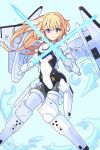  1girl arnval bangs black_bodysuit blonde_hair blue_eyes bodysuit boots breasts bright_pupils busou_shinki commentary covered_navel dual_wielding energy_sword feet_out_of_frame floating_hair fukkatsu_saisei_kaijin highres holding holding_sword holding_weapon long_hair mecha_musume mechanical_wings metal_boots skin_tight small_breasts solo sword thigh_boots two-tone_bodysuit v-shaped_eyebrows weapon white_bodysuit white_pupils wings 