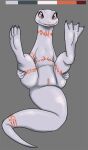  2022 4_toes 5_fingers albino anthro arm_tattoo belly_tattoo big_tail color_swatch crusch_lulu digitigrade eyelashes feet female fingers flat_chested genitals hi_res humanoid_hands leg_tattoo legs_up lizard lizardman_(overlord) long_tail neck_tattoo nude open_mouth open_smile orange_tattoo overlord_(series) pussy raised_leg reptile robcivecat scalie smile solo tattoo thick_tail thick_thighs thigh_tattoo toes white_body 