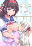  2girls adult_baby age_difference artist_name bangs bell black_hair blue_eyes blunt_bangs blush breastfeeding breasts breasts_out character_request closed_eyes commission dated gal_gun_(series) gal_gun_double_peace hair_bell hair_ornament hair_ribbon hairband highres kamizono_shinobu long_hair mobile multiple_girls nipples no_bra onee-loli pajamas pink_pajamas red_hairband red_ribbon ribbon sakurachi_academy_school_uniform sano_akira school_uniform skeb_commission smile white_hair yuri 