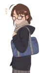  1girl ahoge bag bear_hair_ornament blue_coat brown-framed_eyewear brown_hair coat etsutsuni fogged_glasses grey_scarf grey_skirt hair_ornament highres idolmaster idolmaster_cinderella_girls looking_at_viewer looking_to_the_side mask mouth_mask notice_lines okuyama_saori rectangular_eyewear scarf school_bag simple_background skirt solo white_background white_mask 