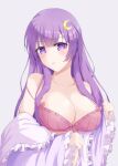  1girl :o absurdres bangs bare_shoulders blunt_bangs blush bra breasts collarbone commentary_request crescent crescent_hair_ornament donnon08 frilled_bra frills grey_background hair_ornament highres large_breasts long_hair looking_at_viewer no_headwear patchouli_knowledge pink_bra purple_eyes purple_hair robe simple_background solo touhou underwear undressing upper_body very_long_hair 