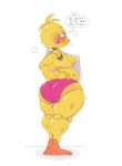  2022 absurd_res animatronic anthro avian big_butt bird bodily_fluids breasts butt chicken clothed clothing dialogue english_text female five_nights_at_freddy&#039;s five_nights_at_freddy&#039;s_2 full-length_portrait galliform gallus_(genus) hands_on_hips hi_res machine mhdrawin narrowed_eyes phasianid portrait robot scottgames side_boob side_view solo squint standing sweat text thick_thighs toy_chica_(fnaf) video_games yellow_body 