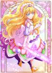  1girl back blonde_hair blue_eyes blush bridal_gauntlets brooch choker cure_finale delicious_party_precure energy_sword frills hair_ornament hanzou high_heels highres jewelry kantai_collection kasai_amane long_hair looking_at_viewer looking_back magical_girl pink_background pink_skirt precure skirt solo standing sword tiara vest weapon yellow_footwear 