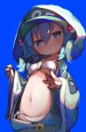 1girl absurdres bikini blue_background blue_hair breasts chii_(tsumami_tsumamare) cleavage commentary flat_cap green_headwear hat highres hood kawashiro_nitori looking_at_viewer navel open_mouth ringed_eyes simple_background solo swimsuit symbol-only_commentary touhou upper_body white_bikini 