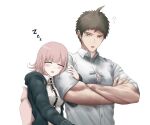  1boy 1girl :o alternate_muscle_size arm_grab backpack bag bangs black_jacket blush brown_eyes brown_hair collared_shirt danganronpa_(series) danganronpa_2:_goodbye_despair dress_shirt galaga gon_(congchuabuoito) hair_ornament highres hinata_hajime jacket looking_at_another medium_hair muscular muscular_male nanami_chiaki neck_ribbon open_clothes open_jacket red_ribbon ribbon saliva shiny shiny_hair shirt short_hair short_sleeves simple_background sleeping upper_body white_background white_shirt zzz 