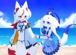  2girls :3 absurdres ahoge android animal_ear_fluff animal_ears animal_hands animal_nose bangs bare_shoulders beach bikini bikini_under_clothes black_choker blue_background blue_bikini blue_dress blue_eyes blue_hair blue_horns blue_sky blush body_fur breasts bright_pupils choker claws clothes_grab cloud collarbone colored_inner_hair commentary cowboy_shot dated_commentary day devil-vox dragon_tail dress ears_down english_commentary eye_contact fang fox_ears fox_girl fox_tail frilled_bikini frilled_dress frills furry furry_female hair_flaps hair_ornament hairclip halo hand_up happy headgear highres holding_hands horizon horns huge_ahoge jacket joints light_blush long_hair looking_at_another multicolored_hair multiple_girls multiple_tails navel ocean off_shoulder open_clothes open_jacket open_mouth orange_eyes original outdoors pocket red_eyes red_hair robot_joints sand see-through see-through_dress side-tie_bikini_bottom sidelocks sky sleeve_grab sleeveless sleeveless_dress sleeves_past_wrists small_breasts smile standing stomach streaked_hair swimsuit tail tail_raised thighs two-sided_fabric two-sided_jacket two-tone_hair two_tails walking water white_fur white_hair white_jacket white_pupils 