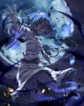  1girl blue_hair chain cuffs darkness full_body ghost ghost_tail hair_ornament highres long_hair long_sleeves miyadeguchi_mizuchi night open_mouth otomeza_ryuseigun outdoors ponytail prison_clothes red_eyes shirt skirt skull_hair_ornament solo striped striped_shirt striped_skirt touhou 