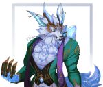  1boy absurdres animal_ears bangs body_fur claws fangs furry furry_male gem green_jacket grey_fur highres hiuki73 horns jacket league_of_legends long_hair male_focus open_clothes open_jacket pants prestige_winterblessed_warwick sharp_teeth simple_background solo tail teeth warwick white_background white_eyes white_pants wolf_boy wolf_ears wolf_tail 