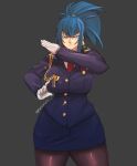  1girl bad_source badge black_pantyhose blue_eyes blue_hair breasts buttons curvy earrings formal gloves jewelry large_breasts leona_heidern military military_uniform miniskirt pantyhose ponytail rancorart skirt skirt_suit solo suit the_king_of_fighters thighhighs triangle_earrings twitter_username uniform white_gloves 