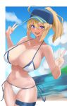  1girl absurdres ahoge artoria_pendragon_(fate) aya_roushi bangs bare_shoulders baseball_cap bikini blonde_hair blue_eyes blue_headwear blush breasts cleavage collarbone fate/grand_order fate_(series) hair_between_eyes hair_through_headwear hat highres large_breasts long_hair looking_at_viewer mysterious_heroine_xx_(fate) navel open_mouth ponytail sidelocks smile solo swimsuit thighs white_bikini 