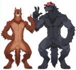  2022 animal_genitalia anthro balls biped black_balls black_body black_fur black_pawpads blue_eyes bonfiredemon brown_body brown_fur canid canine claws clothing digital_media_(artwork) duo fully_sheathed fur genitals gesture grey_body grey_fur grey_sheath hair hair_over_eyes hand_on_hip hat hat_only headgear headgear_only headwear headwear_only hi_res male mammal mostly_nude multicolored_body multicolored_fur nipples pawpads paws sheath simple_background smile smiling_at_viewer standing tan_balls tan_body tan_fur tan_sheath teeth thumbs_up toe_claws two_tone_body two_tone_fur v_sign were werecanid werecanine werewolf white_background 