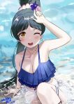  1girl absurdres bangs bikini birthday black_hair blush bracelet breasts character_name cleavage collarbone commentary dated earrings english_text evildaddy12 flower hair_flower hair_ornament hazuki_ren high_ponytail highres jewelry long_hair looking_at_viewer love_live! love_live!_superstar!! medium_breasts necklace one_eye_closed ponytail smile solo swimsuit water yellow_eyes 