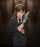  1girl black_hair black_necktie black_pants business_suit chainsaw_man door formal hair_ornament hairclip higashiyama_kobeni highres holding holding_knife knife long_sleeves looking_at_viewer mole mole_under_eye necktie open_mouth pants ponytail riu_lico scared solo standing suit teeth wide-eyed 