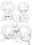  1boy aged_down all_fours animal_ears bakugou_katsuki bangs boku_no_hero_academia cat_boy cat_ears cat_tail coat coffee_mug commentary cup english_text greyscale highres holding holding_cup looking_at_viewer male_child male_focus monochrome mug sato_unta sequential shorts simple_background solo spiked_hair steam symbol-only_commentary tail teeth 