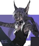  2022 5_fingers anthro breasts caracal caracal_(genus) claws clothed clothing digital_media_(artwork) felid feline female fingers hair hi_res looking_at_viewer mammal open_mouth purple_hair purple_nose smile solo tatiilange teeth tongue 